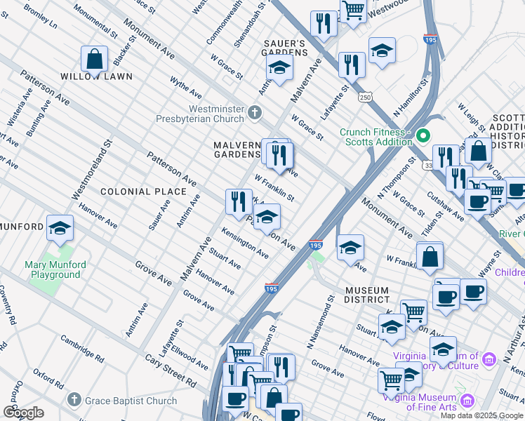 map of restaurants, bars, coffee shops, grocery stores, and more near 3923 Park Avenue in Richmond