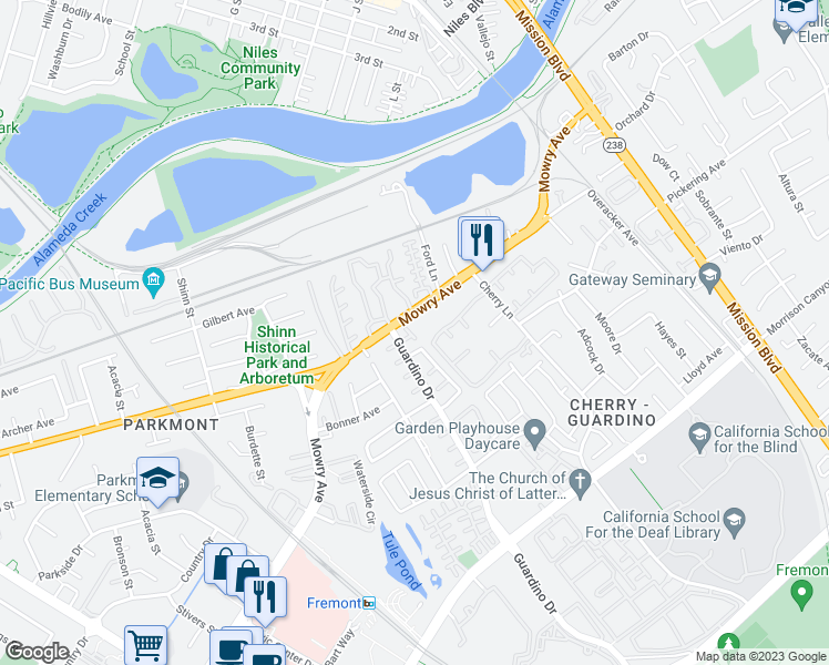 map of restaurants, bars, coffee shops, grocery stores, and more near 38508 Gary Lee King Terrace in Fremont