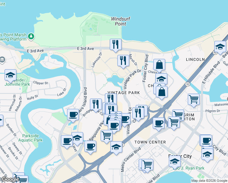 map of restaurants, bars, coffee shops, grocery stores, and more near 357 Lakeside Drive in Foster City
