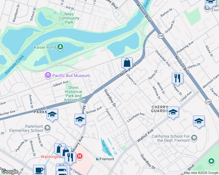 map of restaurants, bars, coffee shops, grocery stores, and more near in Fremont