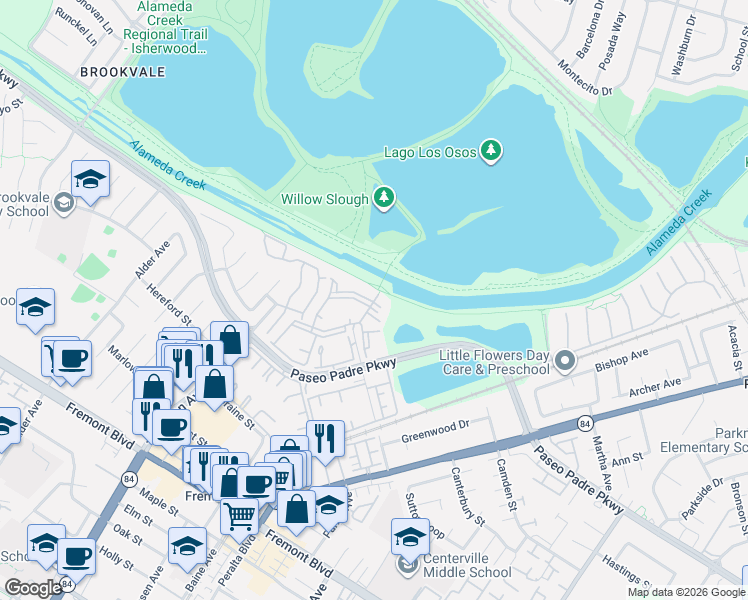 map of restaurants, bars, coffee shops, grocery stores, and more near Old Canyon Road in Fremont