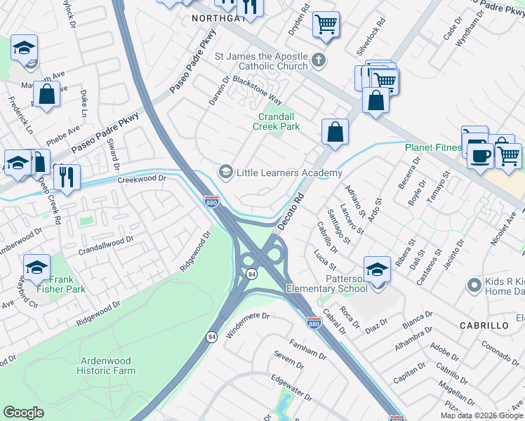 map of restaurants, bars, coffee shops, grocery stores, and more near 4381 Calypso Terrace in Fremont