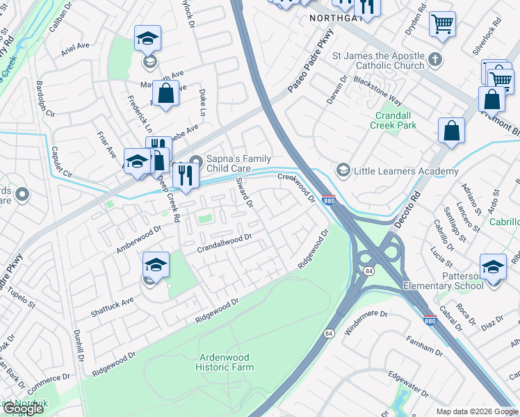 map of restaurants, bars, coffee shops, grocery stores, and more near 34670 Siward Drive in Fremont