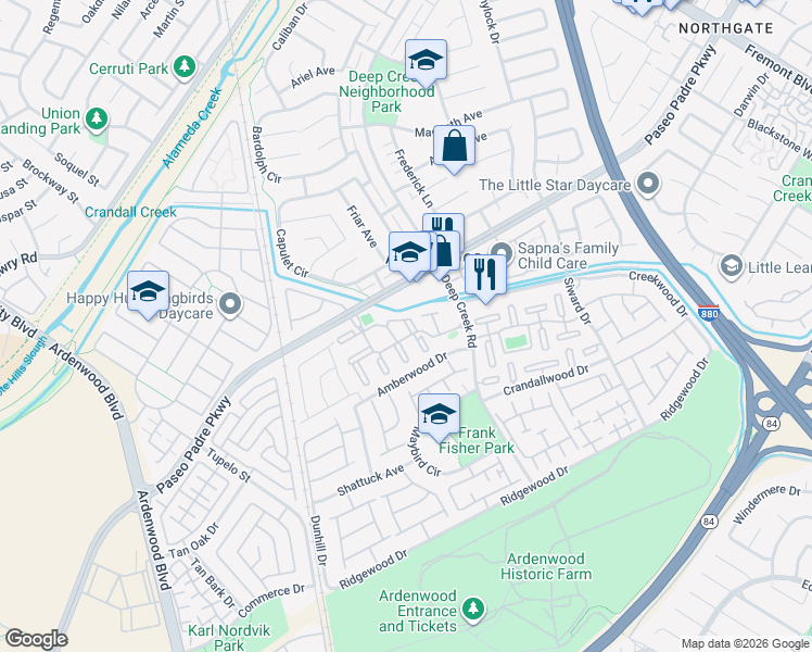 map of restaurants, bars, coffee shops, grocery stores, and more near 4976 Dunsmuir Common in Fremont