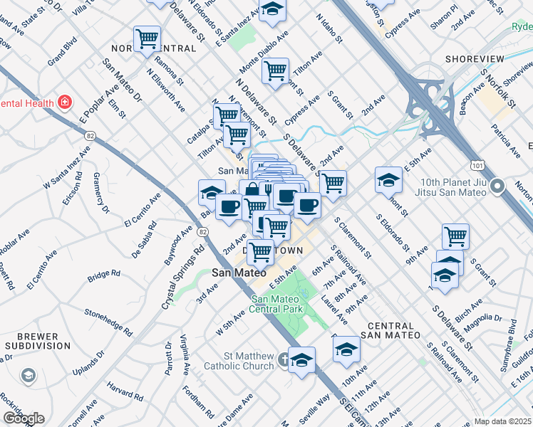 map of restaurants, bars, coffee shops, grocery stores, and more near 212 2nd Avenue in San Mateo