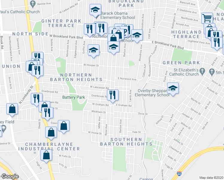 map of restaurants, bars, coffee shops, grocery stores, and more near 2603 North Avenue in Richmond