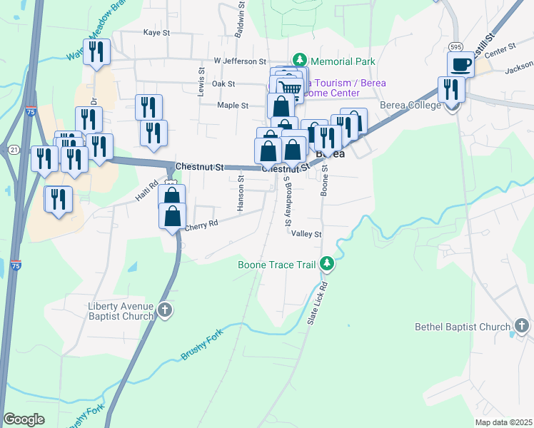 map of restaurants, bars, coffee shops, grocery stores, and more near 107 Hollyhill Drive in Berea