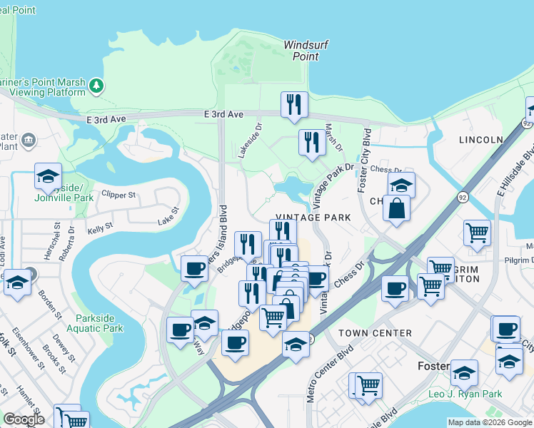 map of restaurants, bars, coffee shops, grocery stores, and more near 353 Lakeside Drive in Foster City