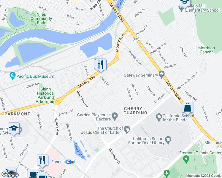 map of restaurants, bars, coffee shops, grocery stores, and more near 38627 Cherry Lane in Fremont
