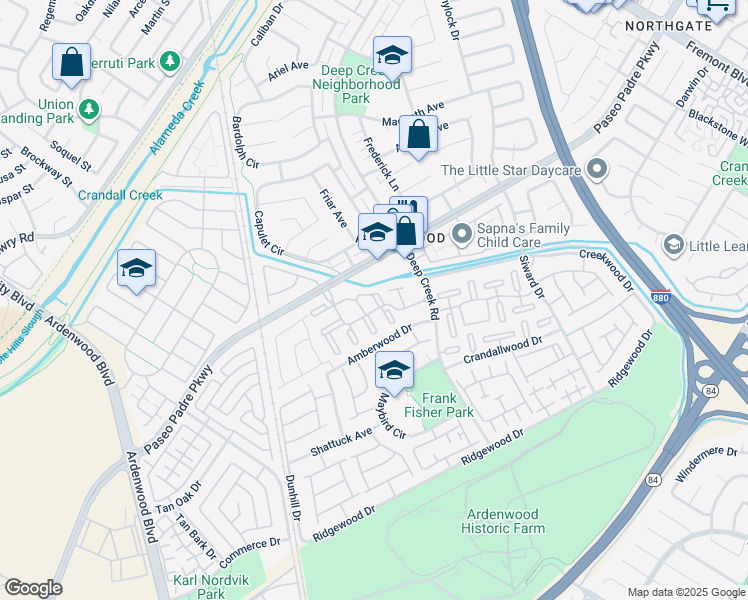 map of restaurants, bars, coffee shops, grocery stores, and more near 4976 Dunsmuir Common in Fremont
