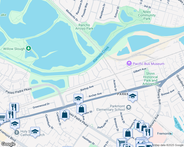map of restaurants, bars, coffee shops, grocery stores, and more near 37793 Peachtree Court in Fremont