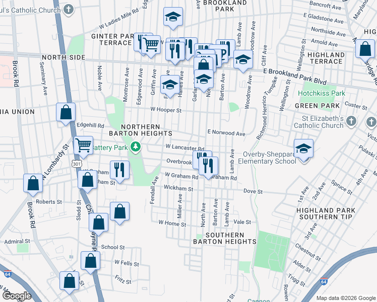 map of restaurants, bars, coffee shops, grocery stores, and more near 15 West Lancaster Road in Richmond