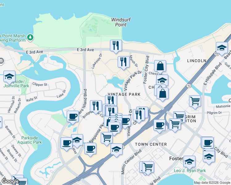 map of restaurants, bars, coffee shops, grocery stores, and more near 357 Lakeside Drive in Foster City