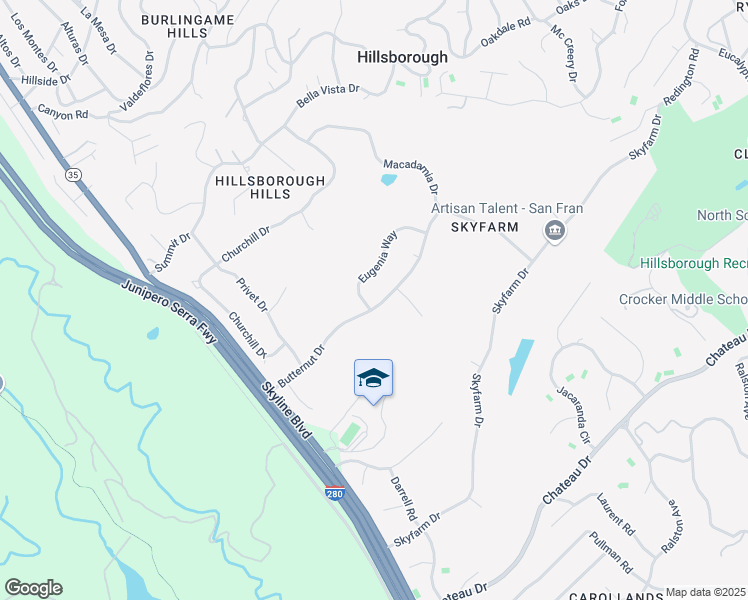 map of restaurants, bars, coffee shops, grocery stores, and more near 2496 Butternut Drive in Hillsborough