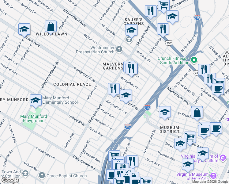 map of restaurants, bars, coffee shops, grocery stores, and more near 4010 Patterson Avenue in Richmond