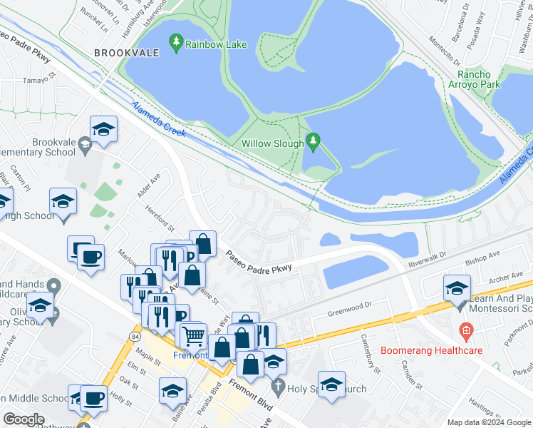 map of restaurants, bars, coffee shops, grocery stores, and more near 2992 Barrington Terrace in Fremont