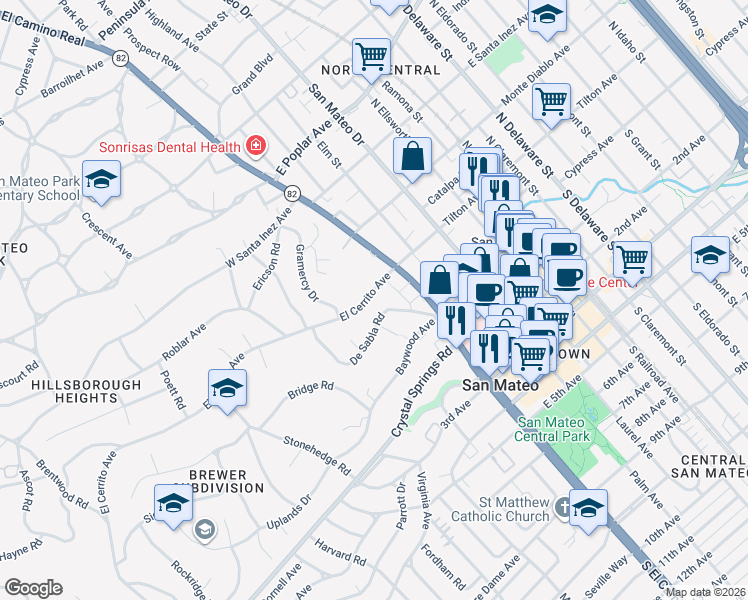 map of restaurants, bars, coffee shops, grocery stores, and more near 39 El Cerrito Avenue in San Mateo