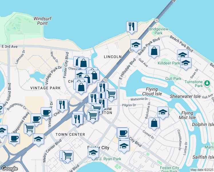 map of restaurants, bars, coffee shops, grocery stores, and more near 1166 Triton Park Lane in Foster City