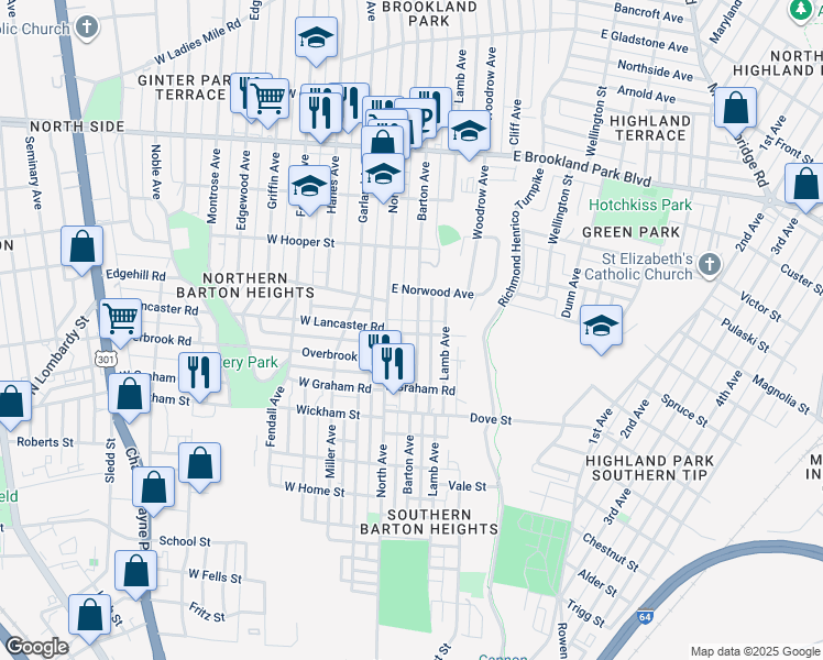 map of restaurants, bars, coffee shops, grocery stores, and more near 2600 Barton Avenue in Richmond