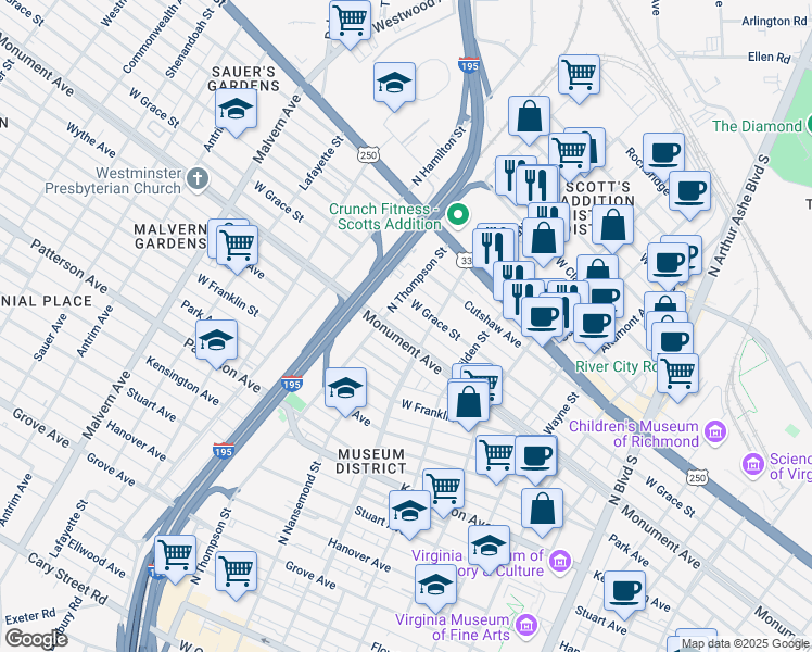 map of restaurants, bars, coffee shops, grocery stores, and more near 3406 Monument Avenue in Richmond