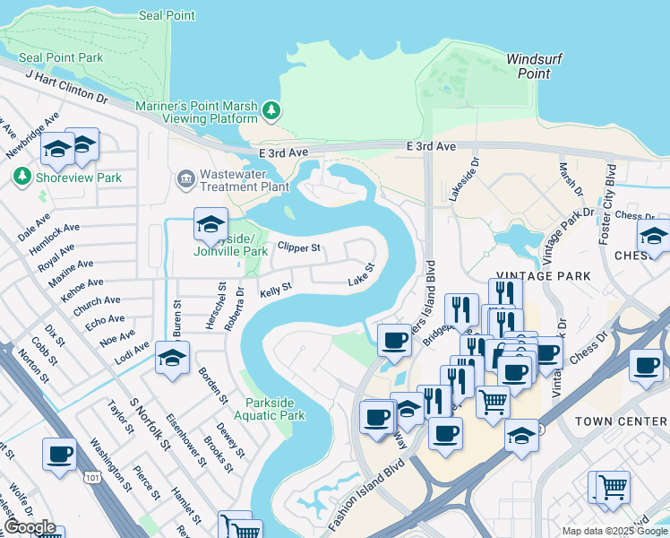 map of restaurants, bars, coffee shops, grocery stores, and more near 2406 Kehoe Avenue in San Mateo