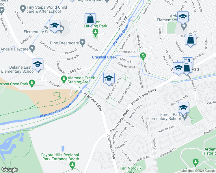 map of restaurants, bars, coffee shops, grocery stores, and more near 33416 Pony Loop in Fremont