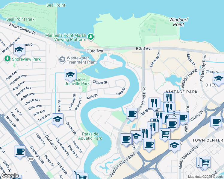 map of restaurants, bars, coffee shops, grocery stores, and more near 2406 Kehoe Avenue in San Mateo