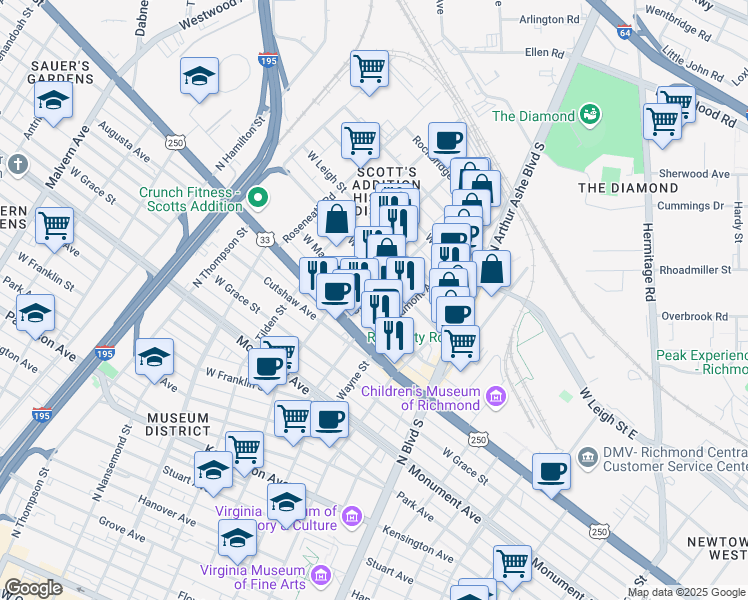 map of restaurants, bars, coffee shops, grocery stores, and more near 3013 West Clay Street in Richmond