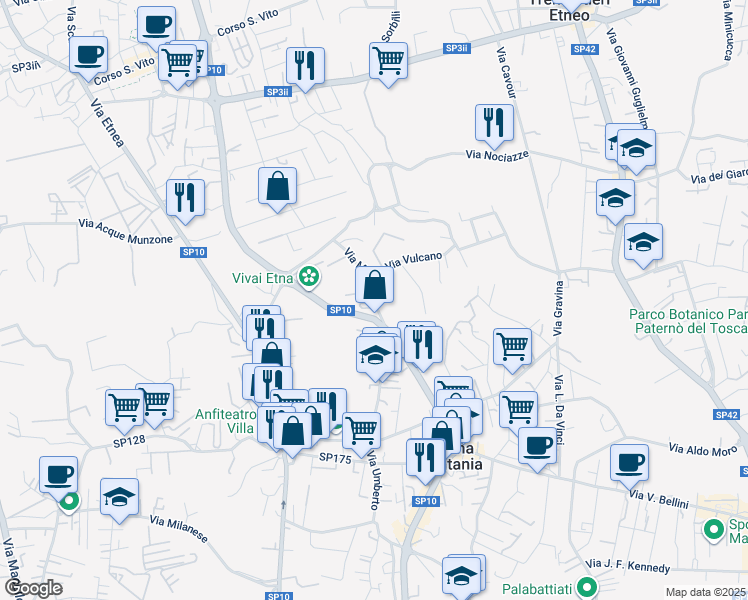 map of restaurants, bars, coffee shops, grocery stores, and more near 7 Via Monti Arsi in Gravina di Catania