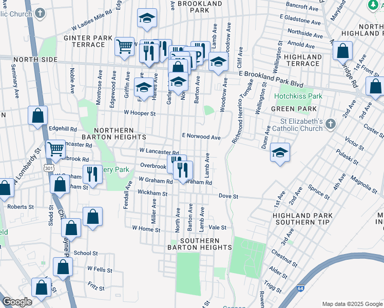 map of restaurants, bars, coffee shops, grocery stores, and more near 2600 Barton Avenue in Richmond