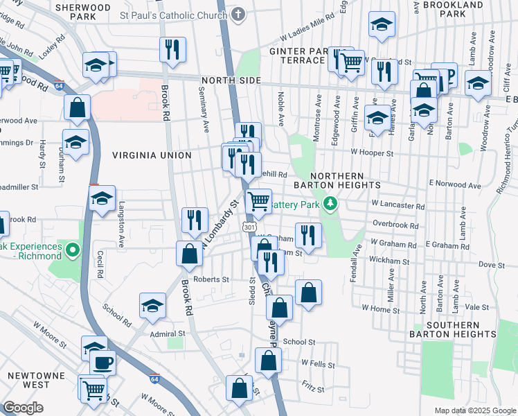 map of restaurants, bars, coffee shops, grocery stores, and more near 814 Overbrook Road in Richmond