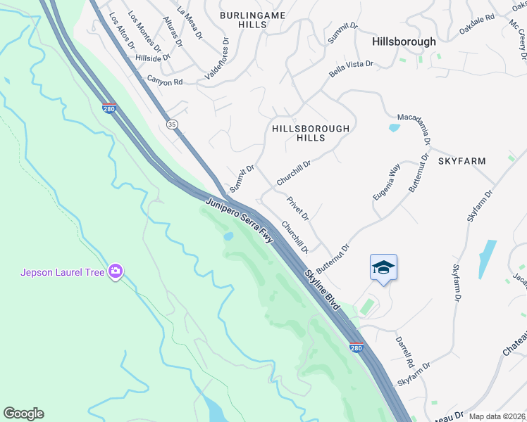 map of restaurants, bars, coffee shops, grocery stores, and more near 2929 Churchill Drive in Hillsborough