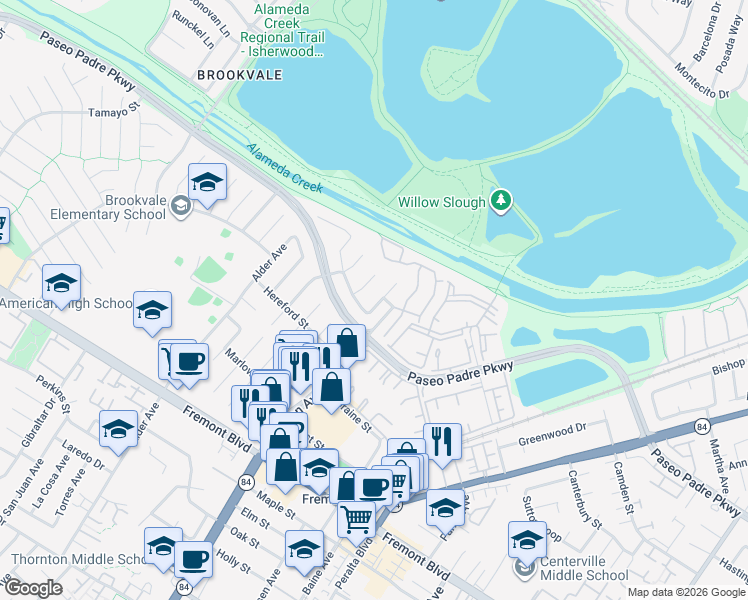 map of restaurants, bars, coffee shops, grocery stores, and more near 36976 Reynolds Drive in Fremont