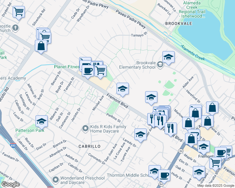 map of restaurants, bars, coffee shops, grocery stores, and more near 36000 Fremont Boulevard in Fremont