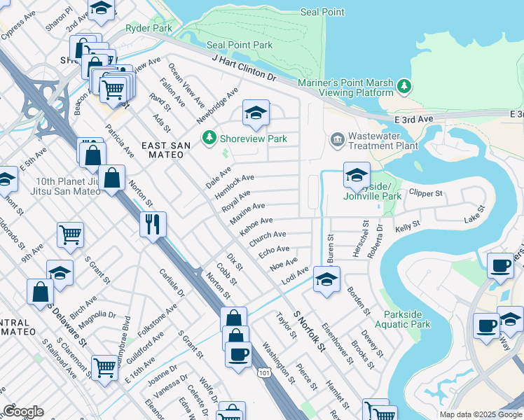 map of restaurants, bars, coffee shops, grocery stores, and more near 1634 Maxine Avenue in San Mateo