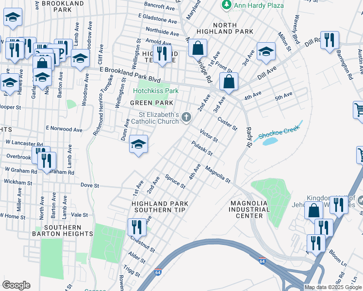 map of restaurants, bars, coffee shops, grocery stores, and more near 2605 2nd Avenue in Richmond