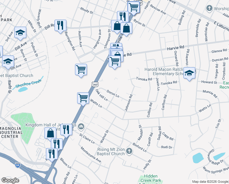 map of restaurants, bars, coffee shops, grocery stores, and more near 3200 Rosser Road in Richmond