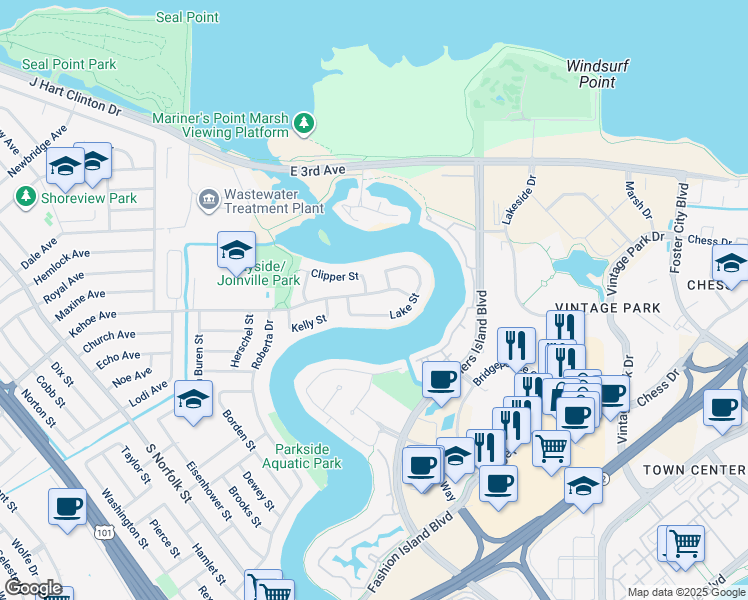 map of restaurants, bars, coffee shops, grocery stores, and more near 2406 Kehoe Avenue in San Mateo