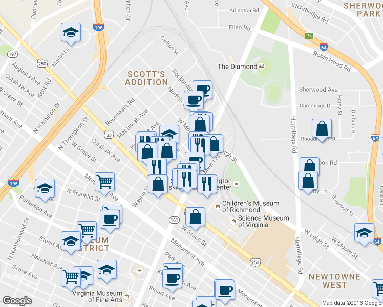map of restaurants, bars, coffee shops, grocery stores, and more near 2906 West Leigh Street in Richmond