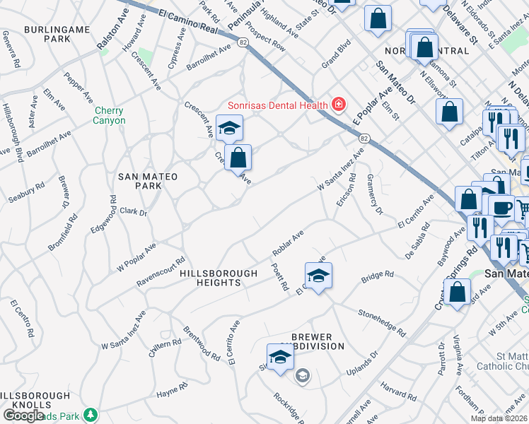 map of restaurants, bars, coffee shops, grocery stores, and more near 240 West Santa Inez Avenue in Hillsborough