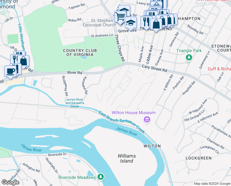 map of restaurants, bars, coffee shops, grocery stores, and more near 23 Rio Vista Lane in Richmond