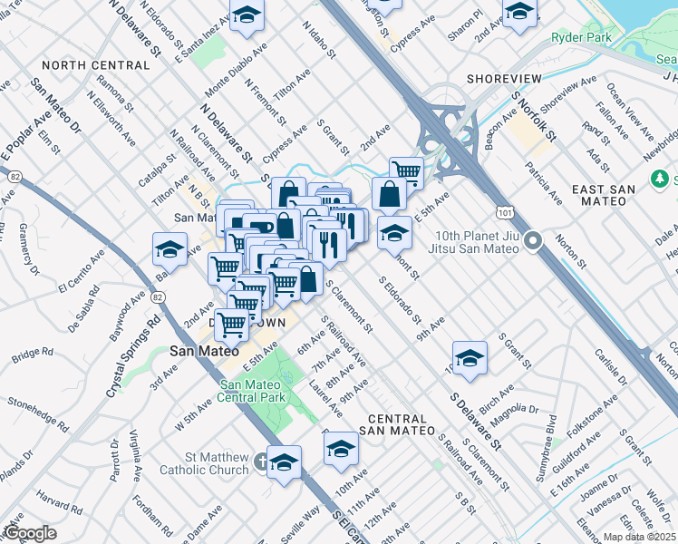 map of restaurants, bars, coffee shops, grocery stores, and more near 524 East 4th Avenue in San Mateo
