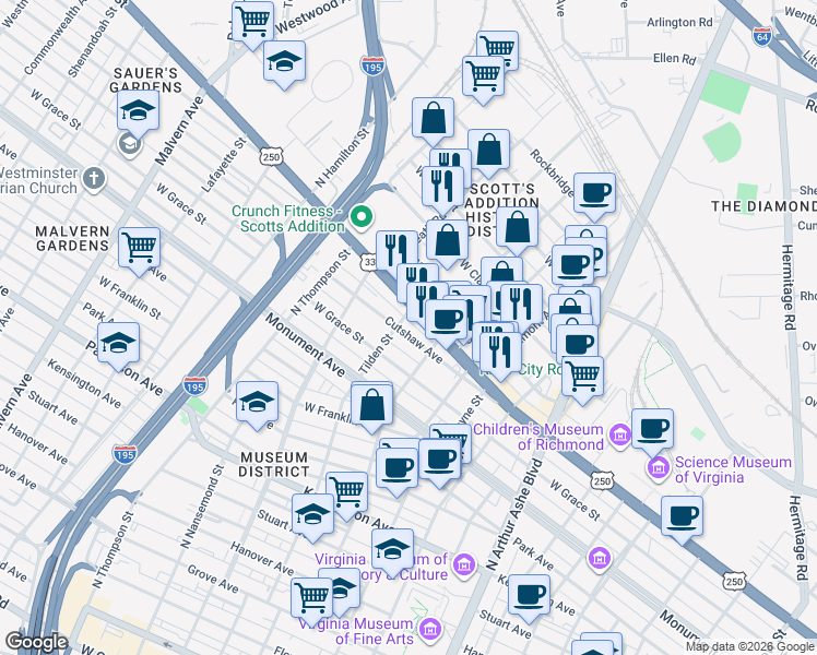 map of restaurants, bars, coffee shops, grocery stores, and more near 3212 Cutshaw Avenue in Richmond