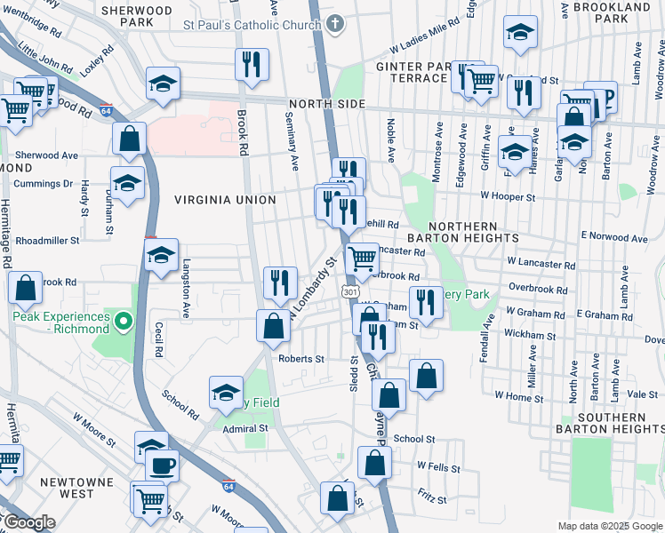map of restaurants, bars, coffee shops, grocery stores, and more near 2511 North Lombardy Street in Richmond