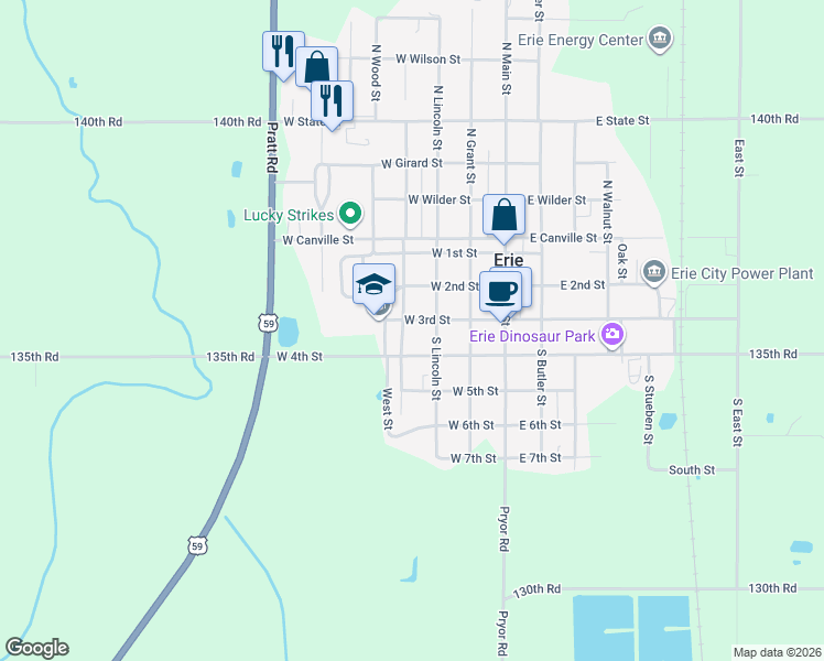 map of restaurants, bars, coffee shops, grocery stores, and more near 301-399 West 3rd Street in Erie