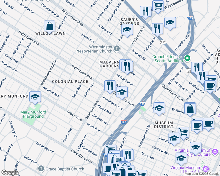 map of restaurants, bars, coffee shops, grocery stores, and more near 4012 Patterson Avenue in Richmond
