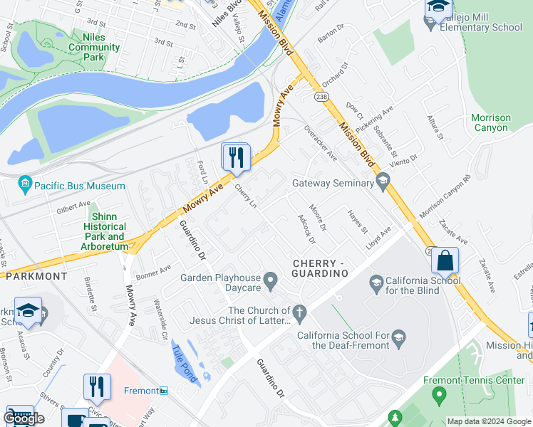 map of restaurants, bars, coffee shops, grocery stores, and more near 38634 Cherry Lane in Fremont