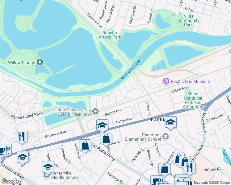 map of restaurants, bars, coffee shops, grocery stores, and more near 37793 Peachtree Court in Fremont