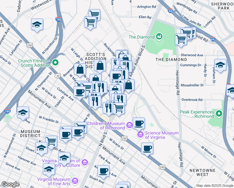 map of restaurants, bars, coffee shops, grocery stores, and more near 1202 North Sheppard Street in Richmond