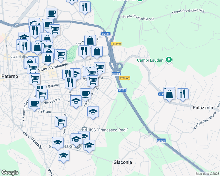map of restaurants, bars, coffee shops, grocery stores, and more near 10 Via Dalmazia in Paternò